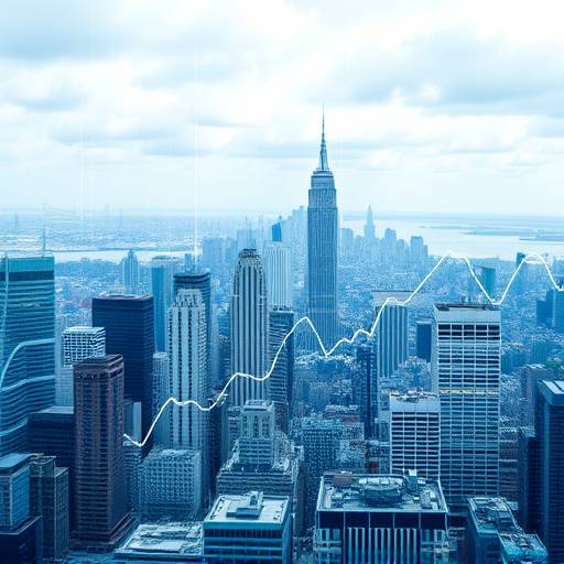 A visual representation of automated investment management, showing a digital graph overlaid on a cityscape.